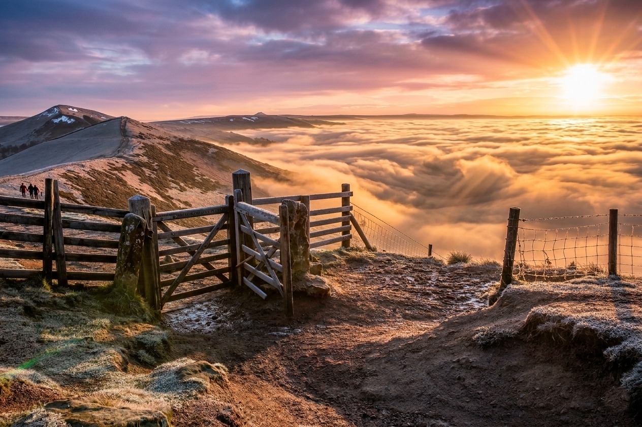 Rolling green hills of the Peak District at golden hour with a charming bungalow in the valley