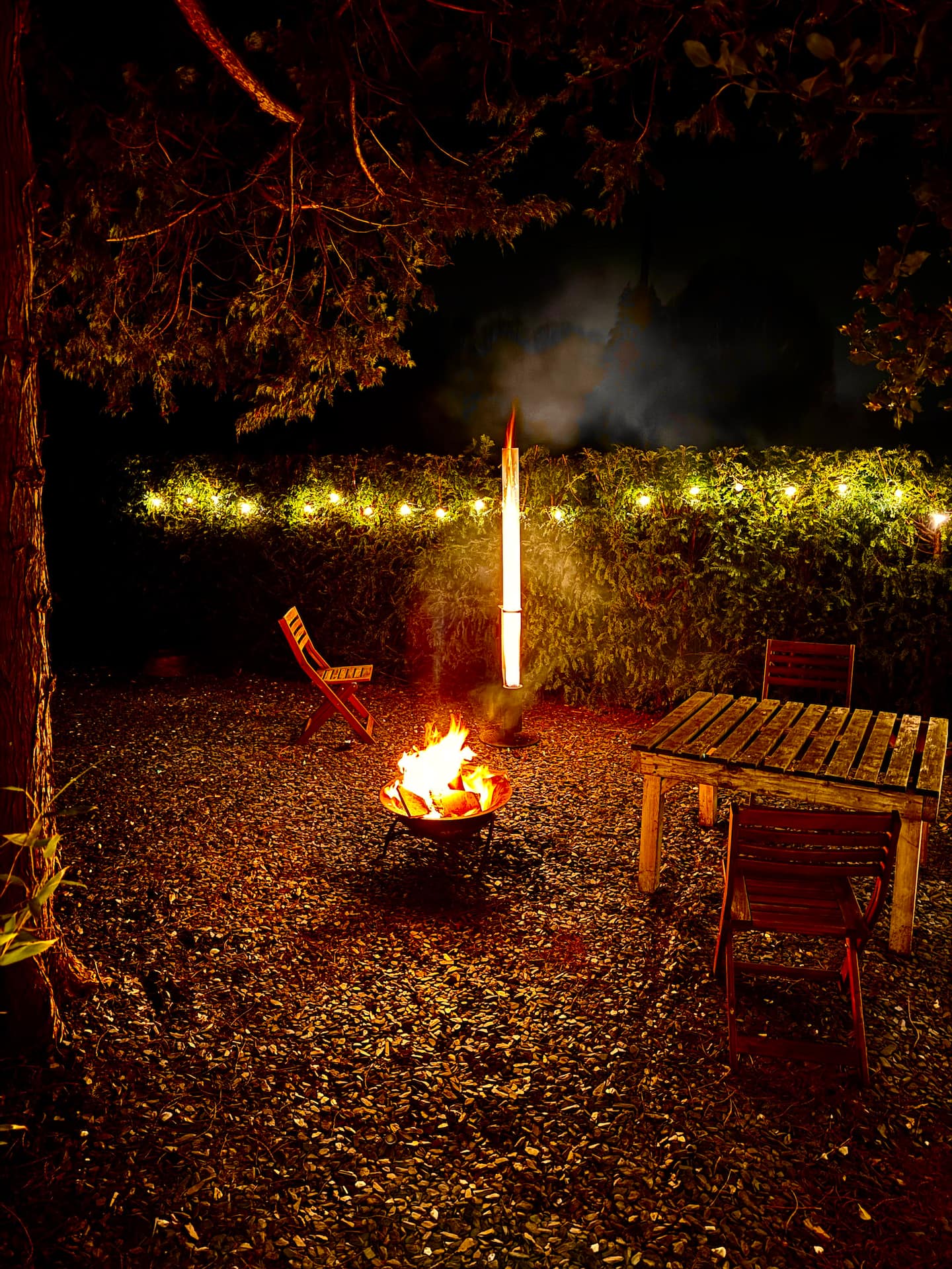 Back garden with fire pit and outdoor seating — evenings at Edge View